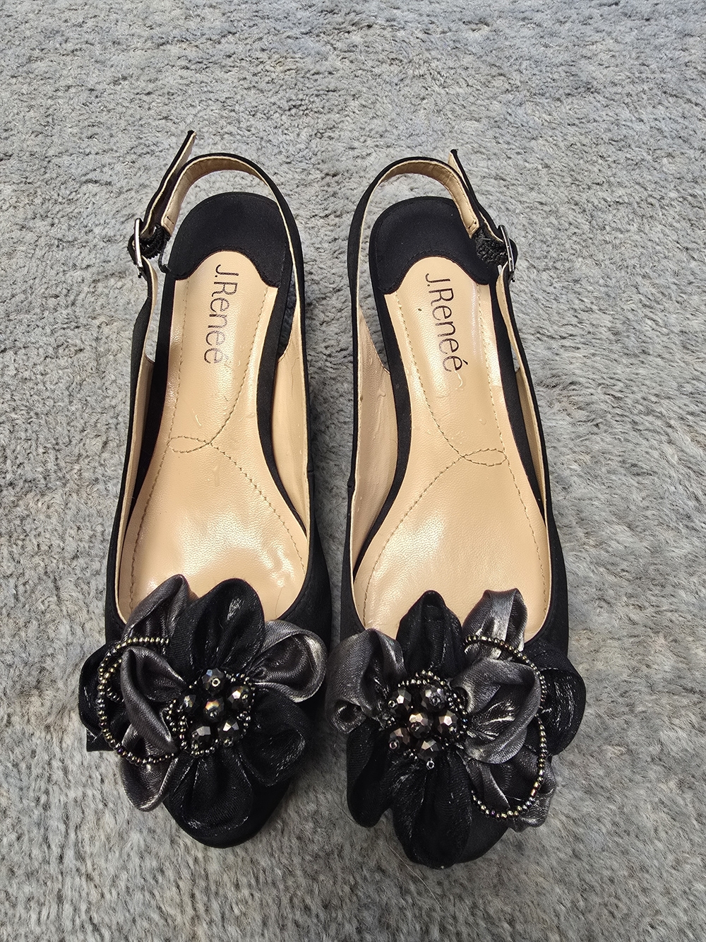 J. Renee Leonelle Black Slingback Floral Embellished Kitten Heels